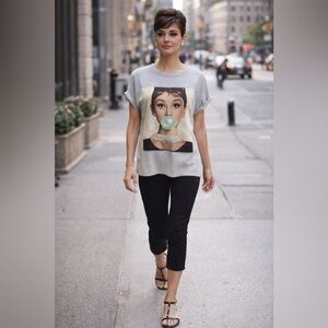 Audrey Hepburn short sleeve grey T-shirt sz MD/LG top bi-level length cuffs
